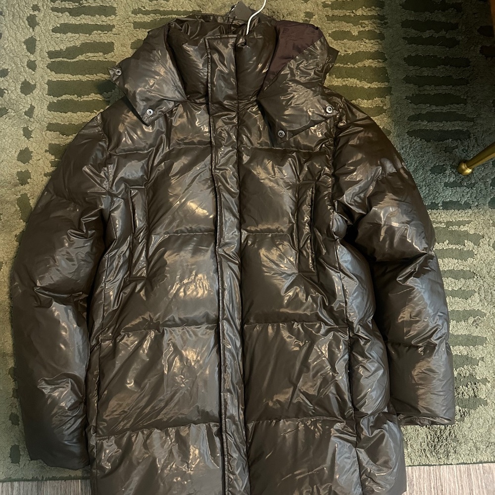 Glossy brown Rains puffer coat